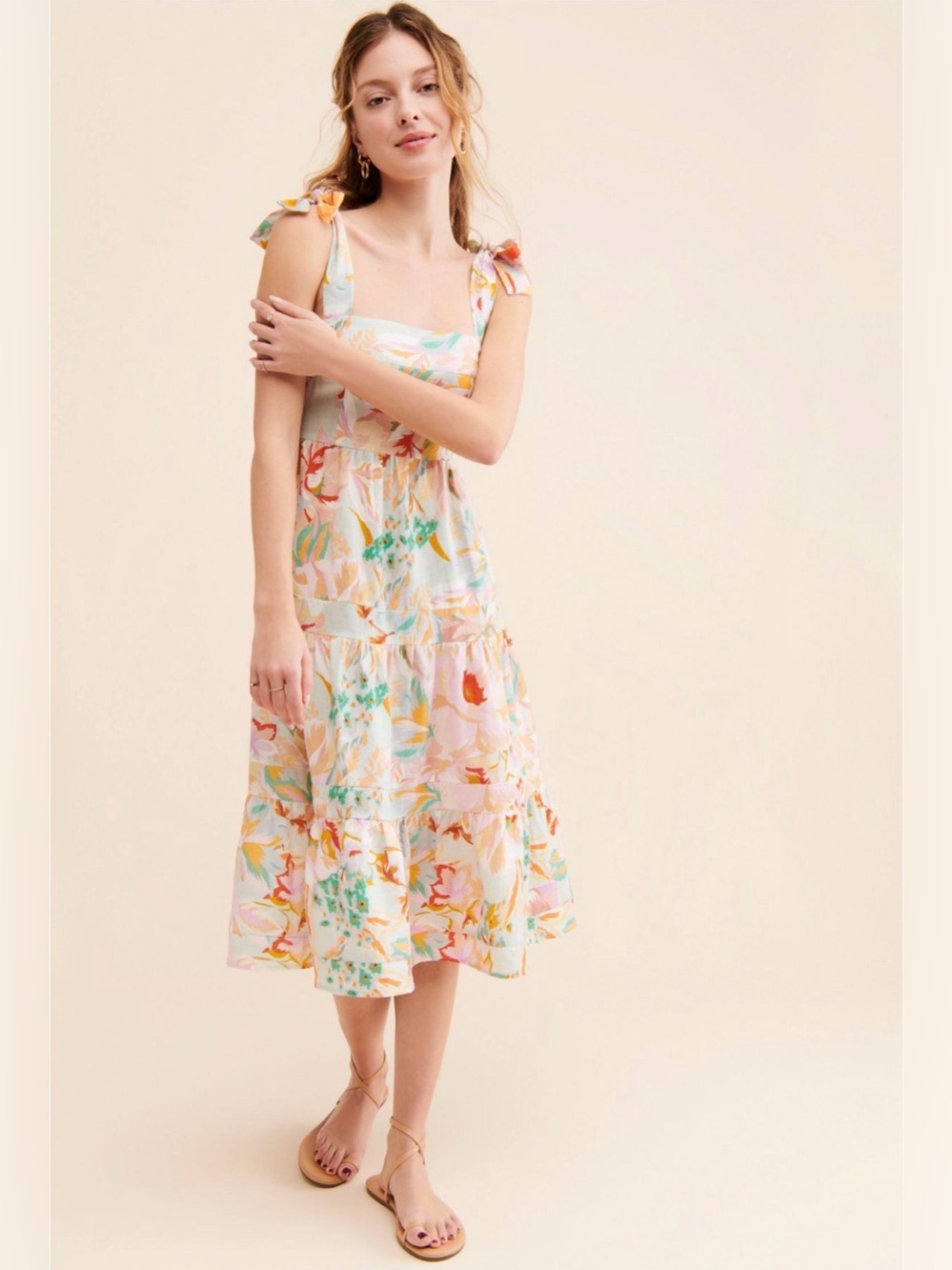 Kachel x Anthropologie Floral Linen Tie Strap Midi Dress Women’s Size 6